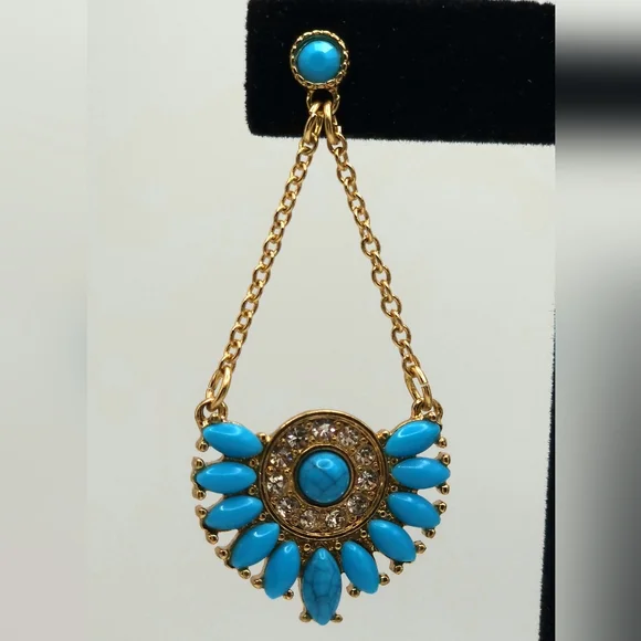 Golden Chandelier Earings with Turquoise Stones - Picture 2 of 2